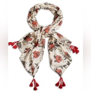 NWT Lucky brand Floral Scarf red tassel 💯 wool